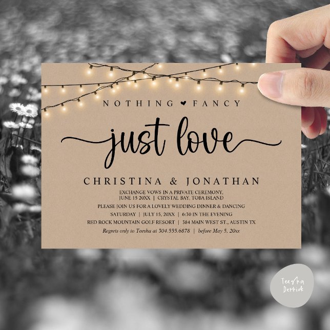 Ingenting Finare Just Kärlek, Rustic Bröllop Midda Inbjudningar (Nothing Fancy Just Love, Rustic Wedding Dinner Party Invitation Card, PDF, String Lights Brown Kraft)