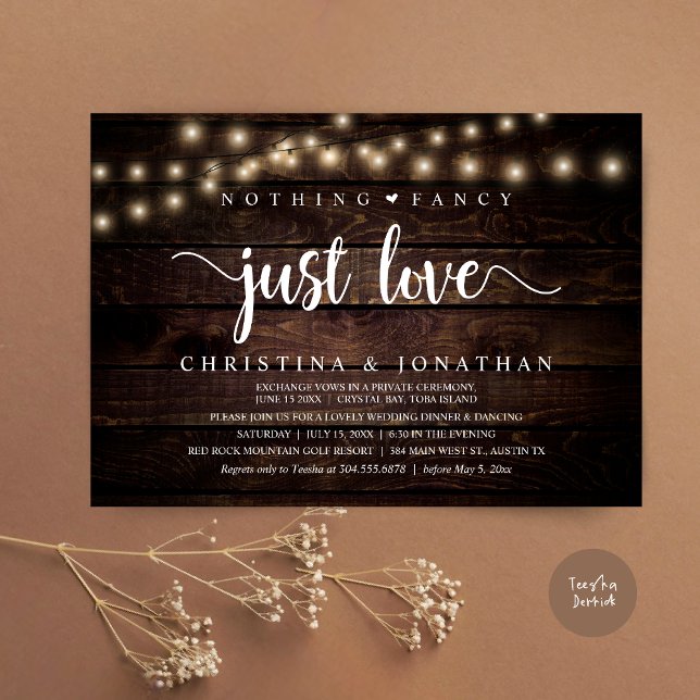 Ingenting Finare Just Kärlek, Rustic Bröllop Midda Inbjudningar (Nothing Fancy Just Love, Rustic Wedding Dinner Invitation card, pdf, in cottage dark wood)