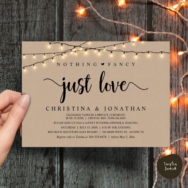 Ingenting Finare Just Kärlek, Rustic Bröllop Midda Inbjudningar (Nothing Fancy Just Love, Rustic Wedding Dinner Invitation Card, PDF, String Lights Brown Kraft)