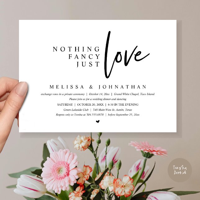 Ingenting Finare, precis Kärlek Bröllop Elopement  Inbjudningar (Nothing Fancy, Just Love Wedding Elopement Dinner Party Invitation Card, PDF, White Black)