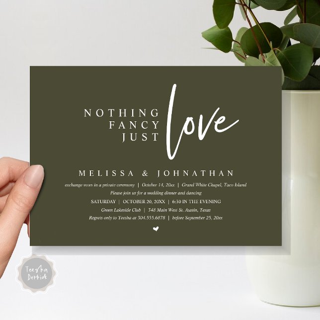 Ingenting Finare, precis Kärlek Bröllop Elopement  Inbjudningar (Nothing Fancy, Just Love Wedding Elopement Dinner Party Invitation Card, PDF, Olive Green)