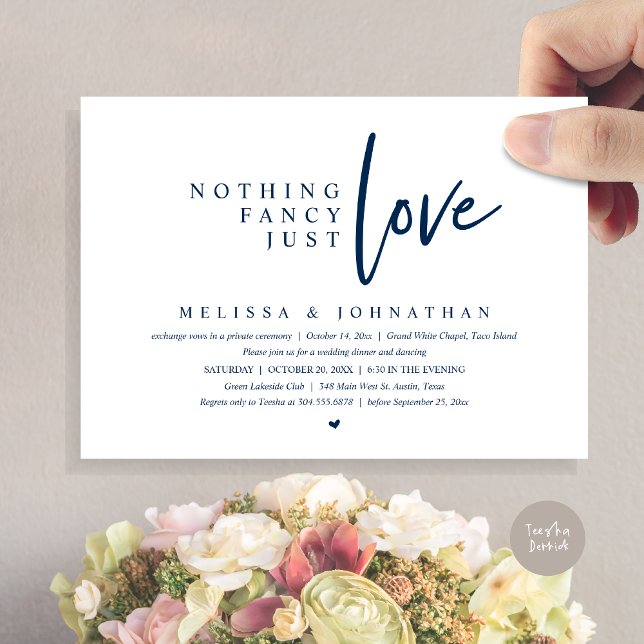 Ingenting Finare, precis Kärlek Bröllop Elopement  Inbjudningar (Nothing Fancy, Just Love Wedding Elopement Dinner Party Invitation Card, PDF, Navy Blue)