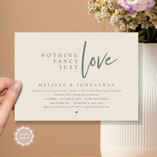 Ingenting Finare, precis Kärlek Bröllop Elopement  Inbjudningar (Nothing Fancy, Just Love Wedding Elopement Dinner Party Invitation Card, PDF, Cream Grey)
