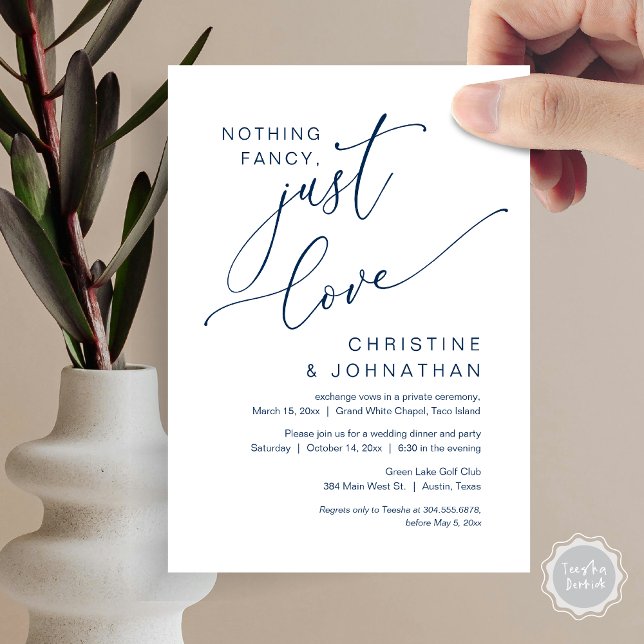 Inget fancy, bara kärlek, bröllopsflyktmiddag inbjudningar (Nothing Fancy, Just Love, Wedding Elopement Dinner Party Invitation Card, PDF, Navy Blue)