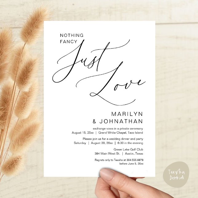 Inget fancy, bara kärlek, bröllopsflyktmiddag inbjudningar (Nothing Fancy, Just Love, Wedding Elopement Dinner Brunch Lunch Party Invites Card PDF, Black White)