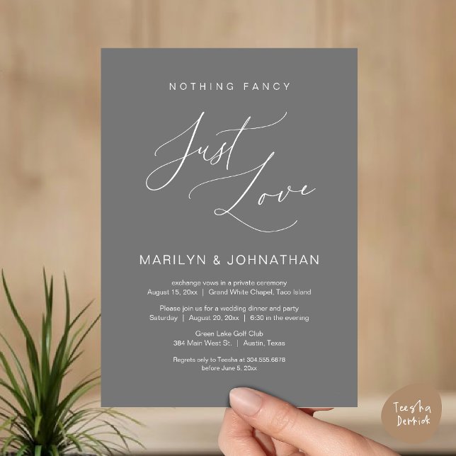 Inget fancy, bara kärlek, bröllopsflyktmiddag inbjudningar (Nothing Fancy, Just Love, Wedding Elopement Dinner Brunch Lunch Party Invites Card PDF, Dark Grey)