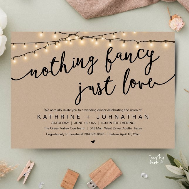 Inget fancy, bara kärlek, bröllopsmiddag inbjudningar (Nothing Fancy, Just Love, Wedding Reception Dinner Invitation Card String Lights Brown Kraft)