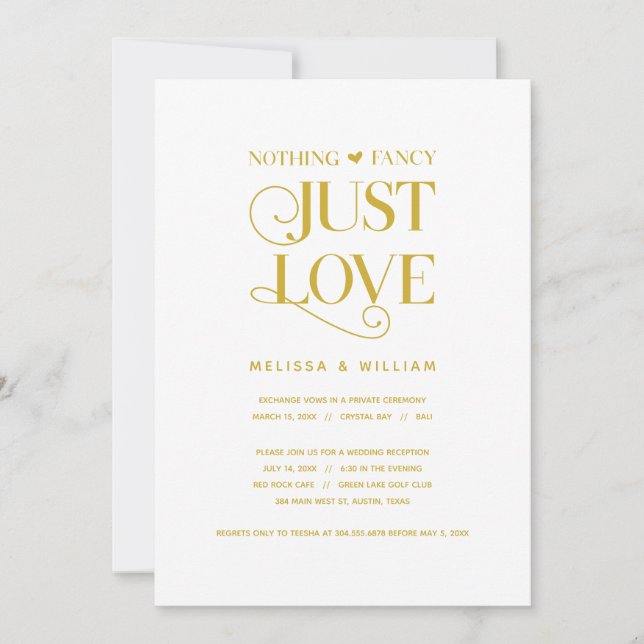 Inget fancy, bara kärlek, elegant guld, Elopement Inbjudningar (Framsida)