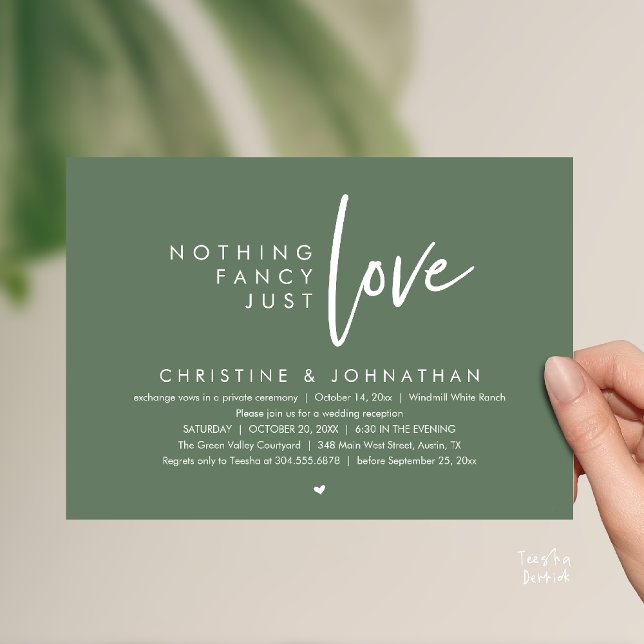 Inget fancy, bara kärlek, modern bröllopsfest inbjudningar (Nothing Fancy, Just Love, Modern Wedding Reception Dinner Lunch Brunch Invitation Card Sage Green)