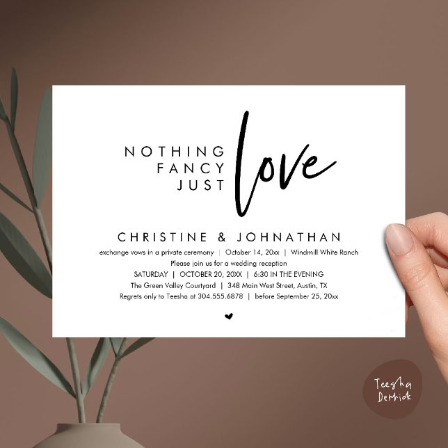 Inget fancy, bara kärlek, modern bröllopsmottagnin inbjudningar (Nothing Fancy, Just Love, Modern Wedding Reception Dinner Lunch Brunch Invitation Card Black White)