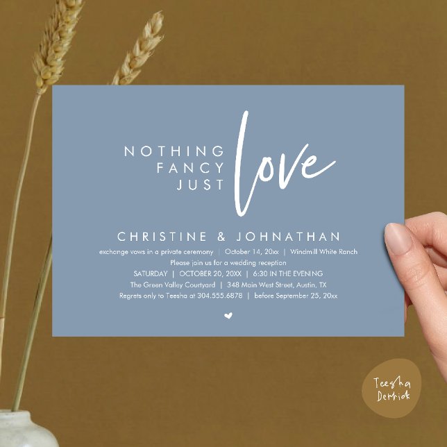 Inget fancy, bara kärlek, modern bröllopsmottagnin inbjudningar (Nothing Fancy, Just Love, Modern Wedding Reception Dinner Lunch Brunch Invitation Card Dusty Blue)
