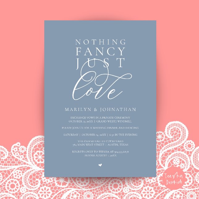 Inget fancy bara kärlek, modern mottagning middag inbjudningar (Nothing Fancy Just Love, Modern Reception Dinner Invitation Card in Dusty Blue)