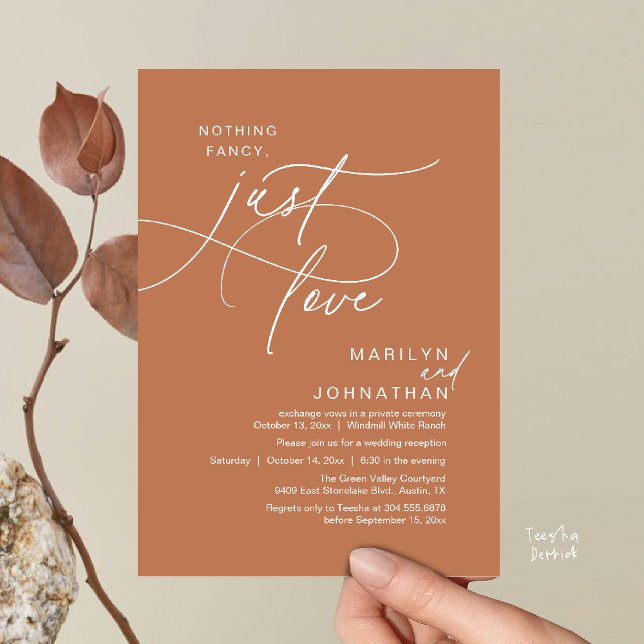 Inget fancy, bara kärlek, Romantisk bröllopsmiddag Inbjudningar (Nothing Fancy, Just Love, Modern Romantic Wedding Reception Dinner Invites Card Earthy Brown Copper)