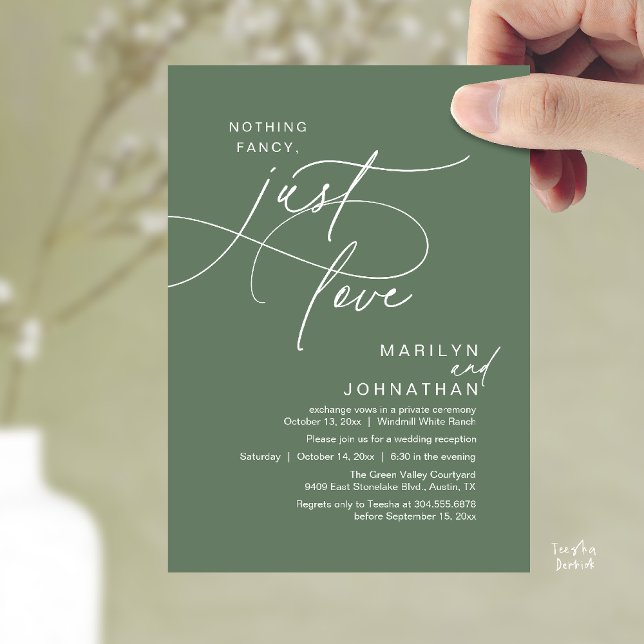Inget fancy, bara kärlek, Romantisk bröllopsmiddag Inbjudningar (Nothing Fancy, Just Love, Modern Romantic Wedding Reception Dinner Invitation Card in Sage Green)