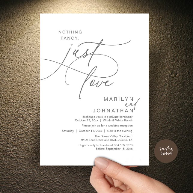 Inget fancy, bara kärlek, Romantisk bröllopsmiddag Inbjudningar (Nothing Fancy, Just Love, Modern Romantic Wedding Reception Dinner Invitation Card in Dark Grey)