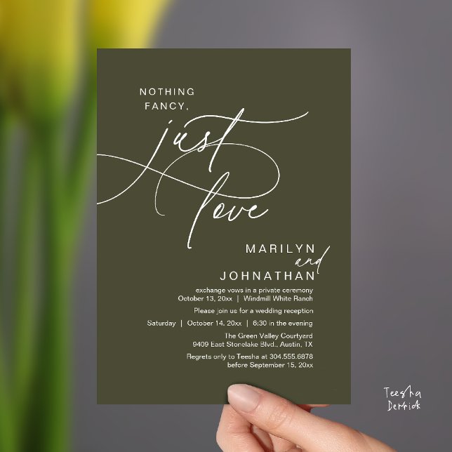 Inget fancy, bara kärlek, Romantisk bröllopsmiddag Inbjudningar (Nothing Fancy, Just Love, Modern Romantic Wedding Reception Dinner Invitation Card in Olive Green)
