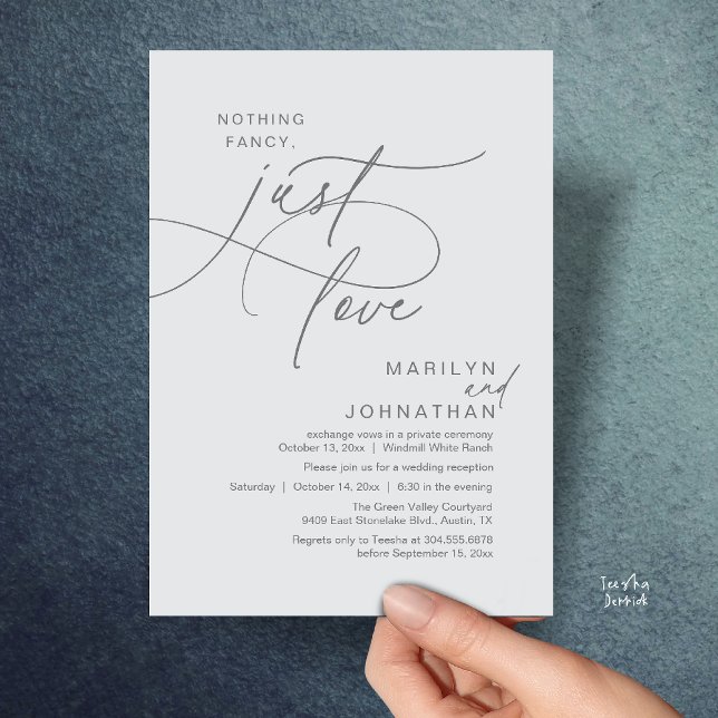 Inget fancy, bara kärlek, Romantisk bröllopsmiddag Inbjudningar (Nothing Fancy, Just Love, Modern Romantic Wedding Reception Dinner Invitation Card in Chill Grey)
