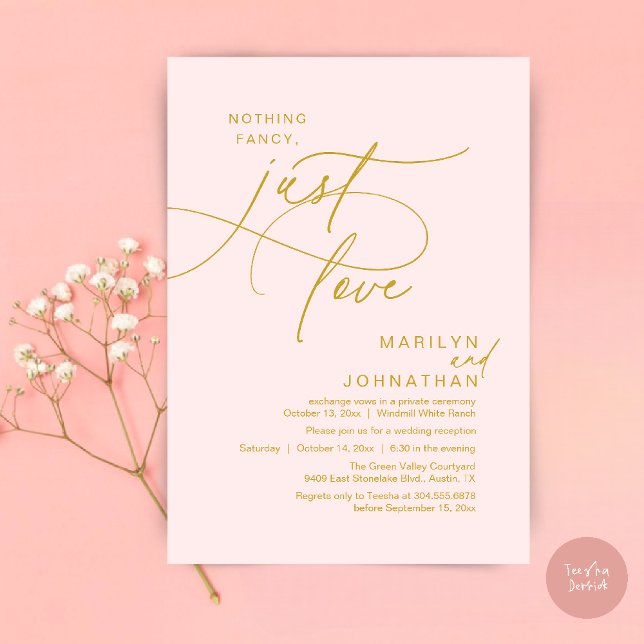 Inget fancy, bara kärlek, Romantisk bröllopsmiddag Inbjudningar (Nothing Fancy, Just Love, Modern Romantic Wedding Reception Dinner Invites Card in Yellow Gold Blush)