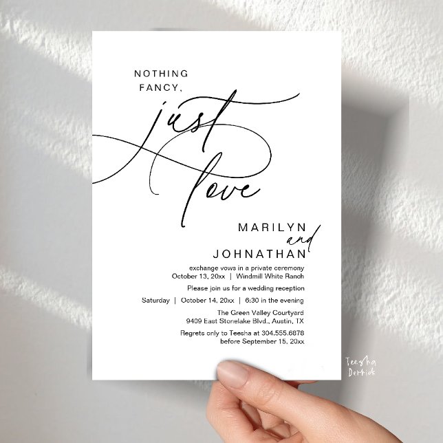 Inget fancy, bara kärlek, Romantisk bröllopsmiddag Inbjudningar (Nothing Fancy, Just Love, Modern Romantic Wedding Reception Dinner Invitation Card in Black White)