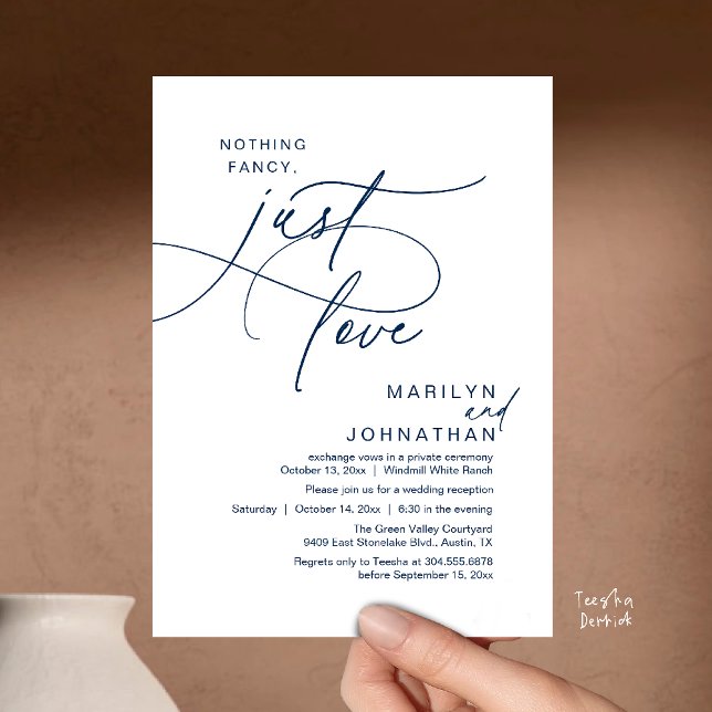 Inget fancy, bara kärlek, Romantisk bröllopsmiddag Inbjudningar (Nothing Fancy, Just Love, Modern Romantic Wedding Reception Dinner Invitation Card in Navy Blue)