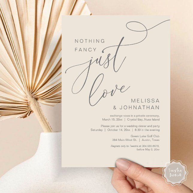 Inget fancy, bara kärlek, Romantisk bröllopsmiddag Inbjudningar (Nothing Fancy, Just Love, Wedding Elopement Dinner Invitation Card, PDF, Modern Romantic, Grey Cream)