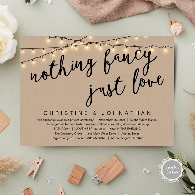 Inget fancy, bara kärlek Rustik bröllopsmiddag Inbjudningar (Nothing Fancy, Just Love Rustic Wedding Dinner Invitation Card PDF String Lights Brown kraft)