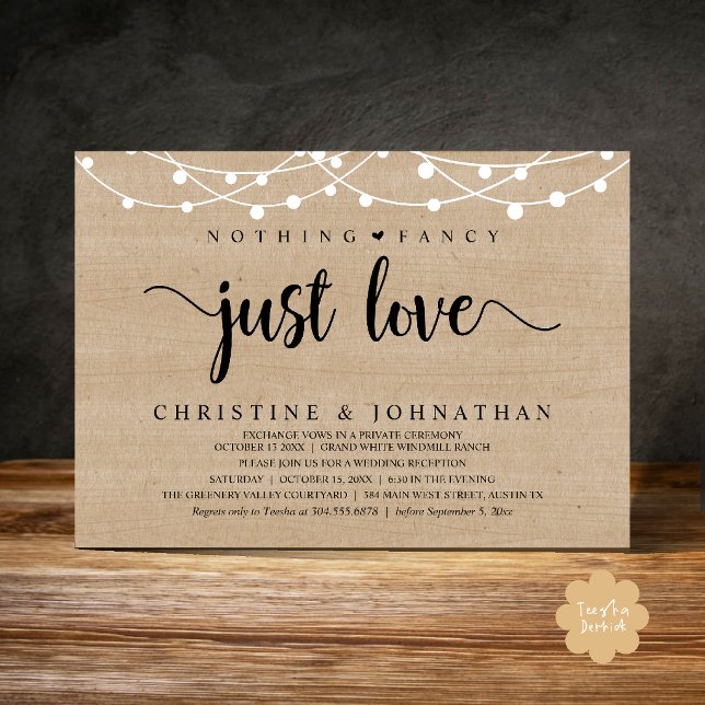 Inget fancy bara kärlek, rustik bröllopsmottagning inbjudningar (Nothing Fancy Just Love, Rustic String Lights Wedding Reception Invitation card in brown wood)