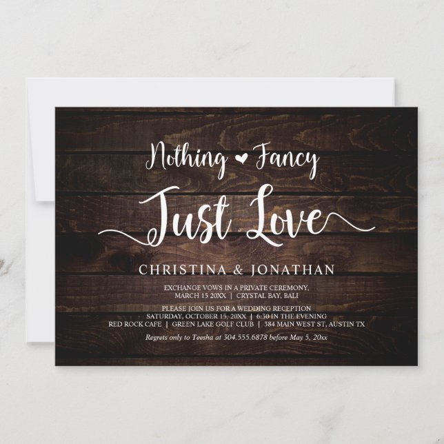 Inget fancy, bara kärlek, rustik trä, elopement inbjudningar (Framsida)
