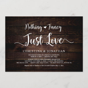 Inget fancy, bara kärlek, rustik trä, elopement inbjudningar
