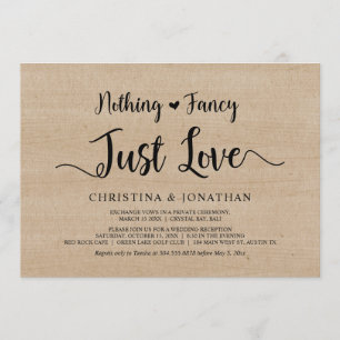 Inget fancy, bara kärlek, rustik trä, elopement inbjudningar