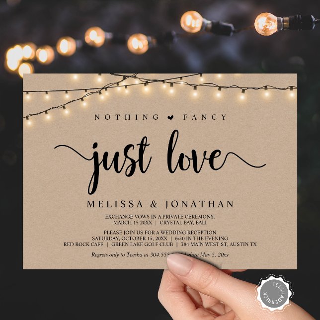 Inget fancy, bara kärlek, String Lights vigsel Inbjudningar (Nothing Fancy, Just Love, Wedding Elopement Invitation Card, String Lights Brown Kraft, Downloadable)