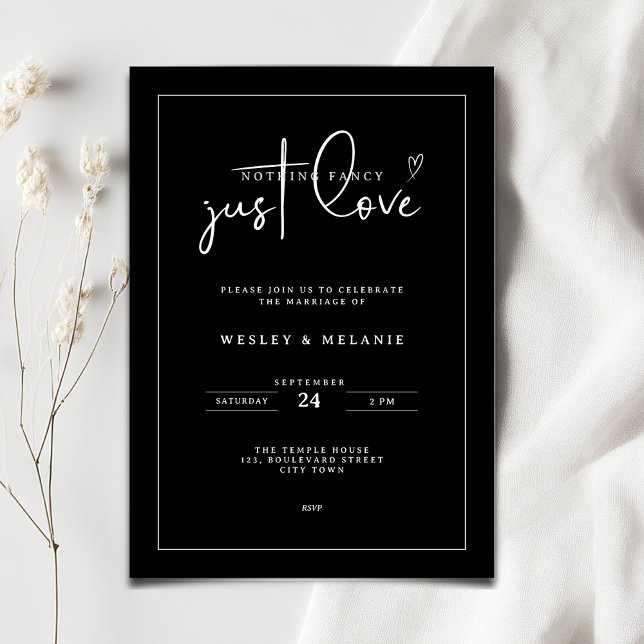 Inget fancy bara kärlek svart minimalistisk bröllo inbjudningar (Nothing fancy just love minimalist wedding invitation in black and white color)