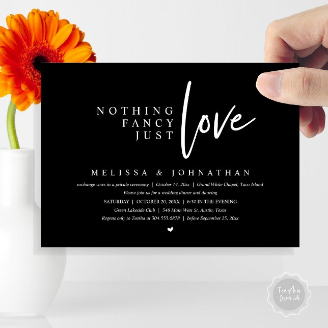 Inget fancy, bara kärlek vigsel middag inbjudningar (Nothing Fancy, Just Love Wedding Elopement Dinner Party Invitation Card, PDF, Classy Black)