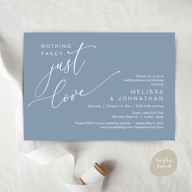 Inget Finare, bara Kärlek, Bröllop Dinner Dancing Inbjudningar (Nothing Fancy, Just Love, Wedding Romantic Dinner Dancing Invitation Card, PDF, in Dusty Blue)