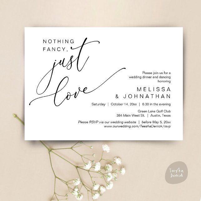 Inget Finare, bara Kärlek, Bröllop Dinner Dancing Inbjudningar (Nothing Fancy, Just Love, Wedding Romantic Dinner Dancing Invitation Card, PDF, in Black and White)