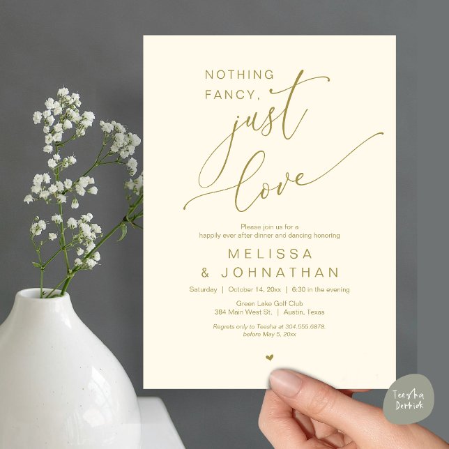 Inget Finare, bara Kärlek, Bröllop Dinner Dancing Inbjudningar (Nothing Fancy, Just Love, Romantic Wedding Dinner Dancing Invitation Card, PDF, in Yellow Gold)