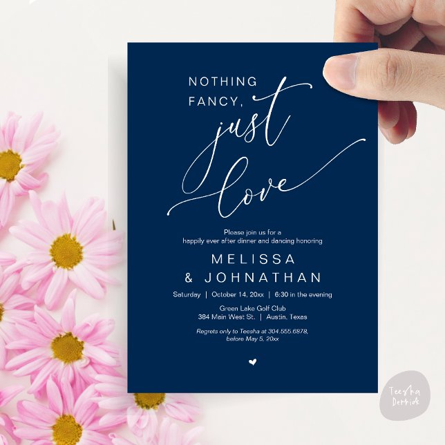 Inget Finare, bara Kärlek, Bröllop Dinner Dancing Inbjudningar (Nothing Fancy, Just Love, Romantic Wedding Dinner Dancing Invitation Card, PDF, in Navy Blue)
