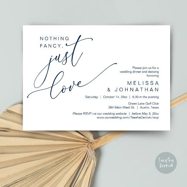 Inget Finare, bara Kärlek, Bröllop Dinner Dancing Inbjudningar (Nothing Fancy, Just Love, Wedding Romantic Dinner Dancing Invitation Card, PDF, in Navy Blue)