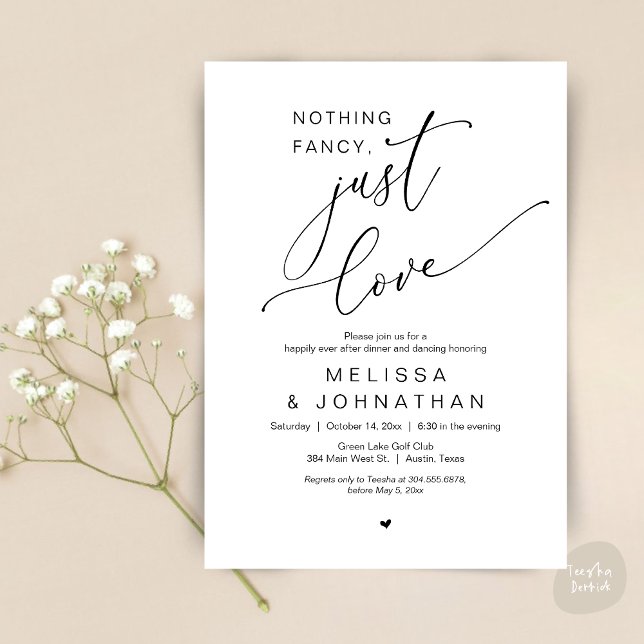Inget Finare, bara Kärlek, Bröllop Dinner Dancing Inbjudningar (Nothing Fancy, Just Love, Romantic Wedding Dinner Dancing Invitation Card, PDF, in Black and White)