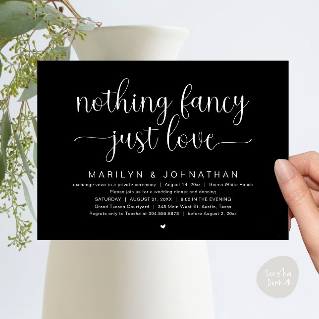 Inget Finare, bara Kärlek, Bröllop Dinner Dancing Inbjudningar (Nothing Fancy, Just Love, Modern Wedding Dinner Dancing Invitation Card, PDF, Classy Black White)