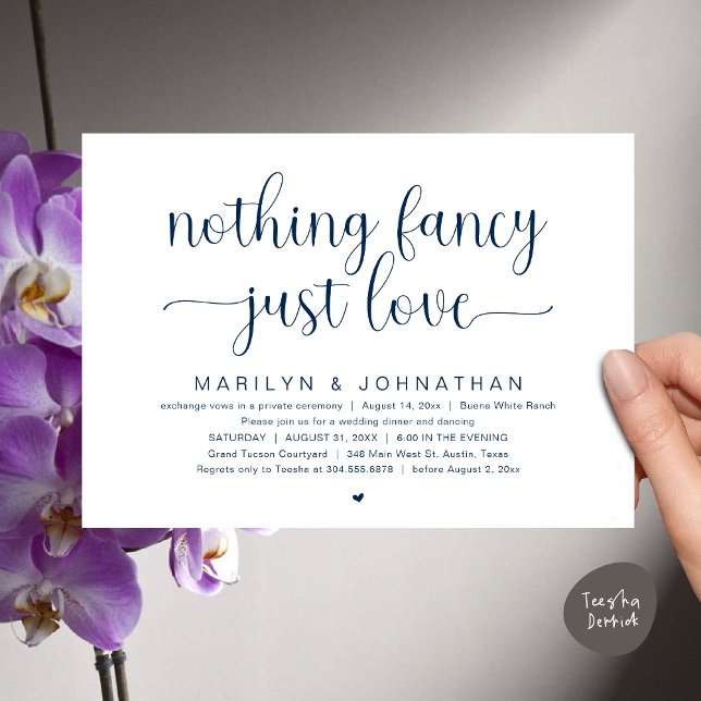 Inget Finare, bara Kärlek, Bröllop Dinner Dancing Inbjudningar (Nothing Fancy, Just Love, Modern Wedding Dinner Dancing Dancing Invitation Card, PDF, Navy Blue)
