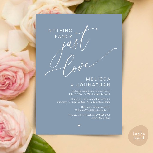 Inget Finare, bara Kärlek, bröllopsmiddag... Inbjudningar (Nothing Fancy Just Love Wedding Reception Dinner Lunch Brunch Romantic Invites Card PDF Dusty Blue)