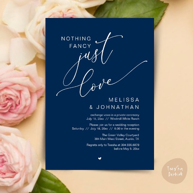Inget Finare, bara Kärlek, bröllopsmiddag... Inbjudningar (Nothing Fancy Just Love Wedding Reception Dinner Lunch Brunch Romantic Invites Card PDF Navy Blue)