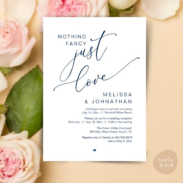 Inget Finare, bara Kärlek, bröllopsmiddag... Inbjudningar (Nothing Fancy Just Love Wedding Reception Dinner Lunch Brunch Romantic Invites Card PDF Navy Blue)