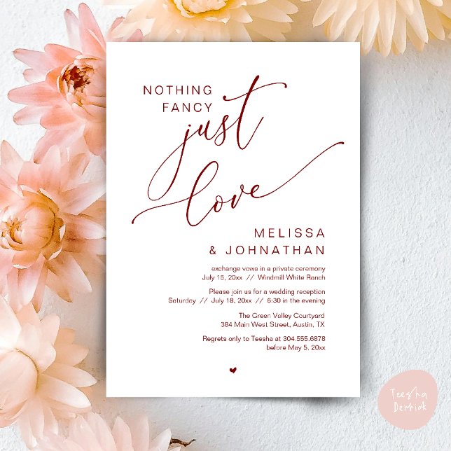 Inget Finare, bara Kärlek, bröllopsmiddag... Inbjudningar (Nothing Fancy Just Love Wedding Reception Dinner Lunch Brunch Romantic Invites Card PDF Burgundy Red)