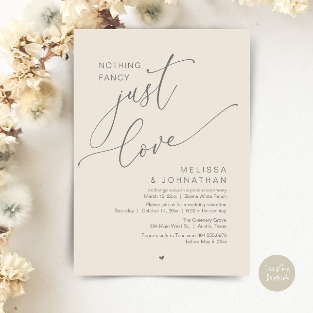 Inget Finare, bara Kärlek, bröllopsmottagning Inbjudningar (Nothing Fancy, Just Love, Wedding Reception Dinner Party Brunch Lunch Invitation Card Cream Grey)