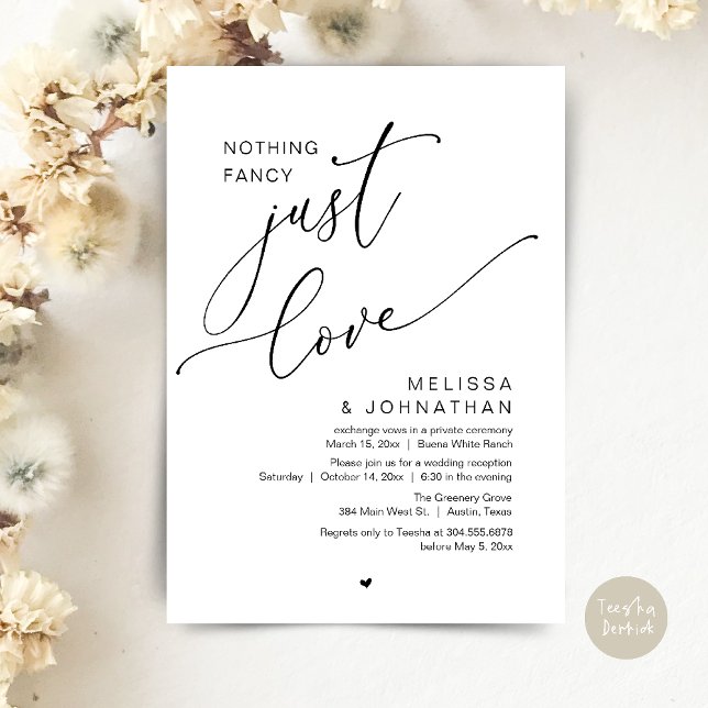 Inget Finare, bara Kärlek, bröllopsmottagning Inbjudningar (Nothing Fancy, Just Love, Wedding Reception Dinner Party Brunch Lunch Invitation Card Black White)