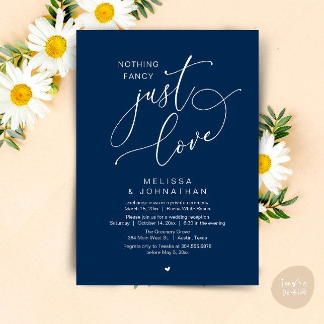 Inget Finare, bara Kärlek, bröllopsmottagning Inbjudningar (Nothing Fancy, Just Love, Wedding Reception Dinner Party Brunch Lunch Invitation Card Navy Blue)