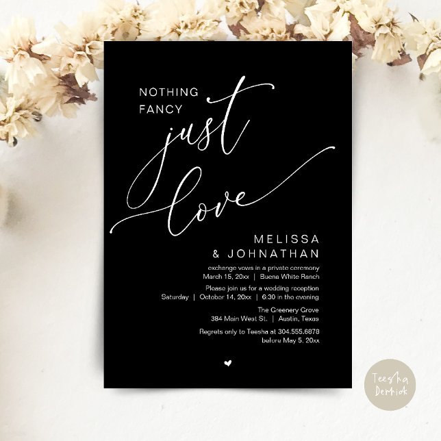 Inget Finare, bara Kärlek, bröllopsmottagning Inbjudningar (Nothing Fancy, Just Love, Wedding Reception Dinner Party Brunch Lunch Invitation Card Classy Black)