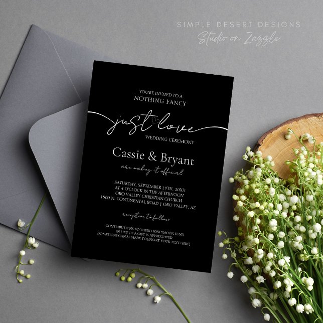 Inget Finare Just Kärlek Elegant Script Bröllop Inbjudningar (Elegant Minimal Black Wedding Invitation Nothing Fancy Just Love Theme)